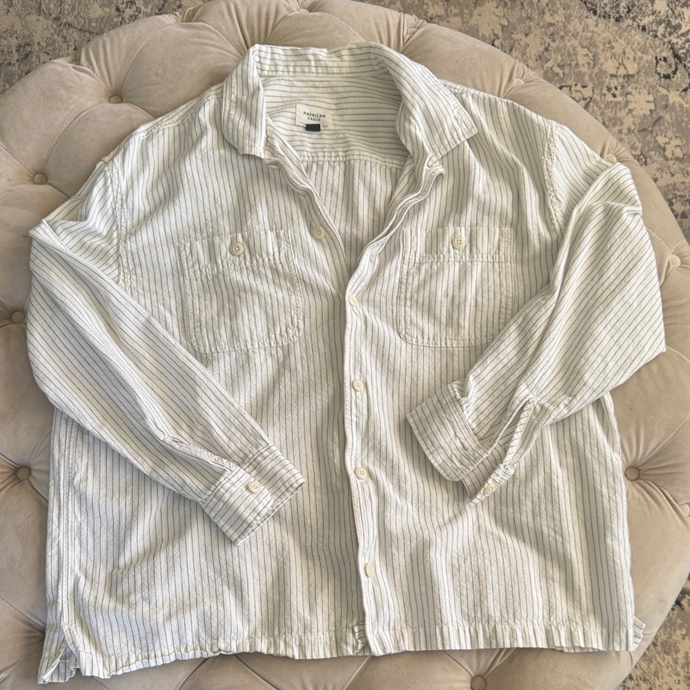American Eagle Outfitters White Striped Casual Button Down Shirt